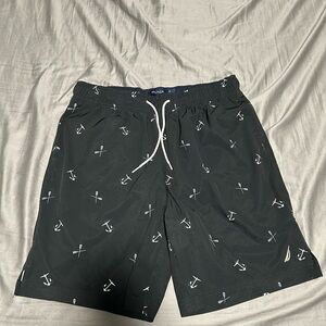 Nautica Black Swim Trunks with White Anchor & Oar Print